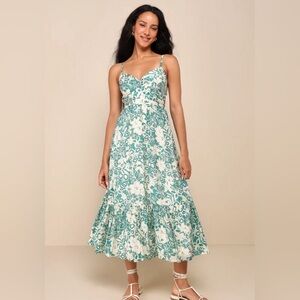 Lulus Picture-Perfect Aura Green Floral Cutout Ruffled Midi Dress